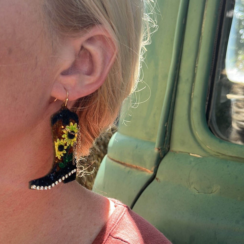 Glitter Sunflower Black Boot Earrings - Picture 7 of 11